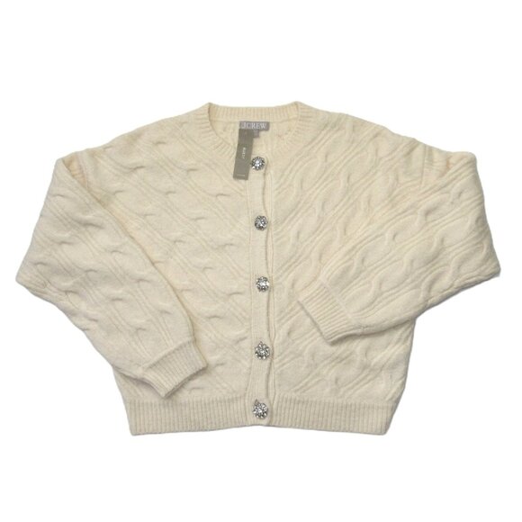 NWT J.Crew Cable-knit Cardigan Sweater in Heather Muslin with Jewel Buttons L - Picture 2 of 6
